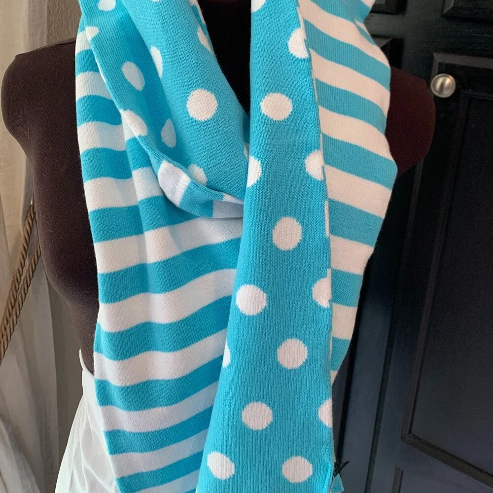 NWT Lane Bryant Blue White Reversible Knit Scarf Polka Dots & Stripes